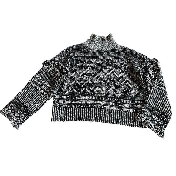 Magaschoni Sweaters - Magaschoni Black White Pullover Turtleneck Sweater Fringe Bohemian Boho Sz Small